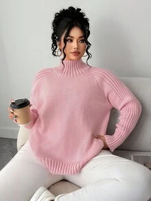 Elenzga Áo len cổ lọ tay dài dáng rộng thoải mái cho nữ, cỡ lớn, thích hợp làm áo khoác ngoài, mùa thu/đông - Hồng - Xem 2