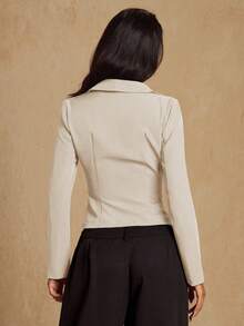 Glamine 优雅简约军绿色衬衫领前开扣长袖夹克，女式，春秋季 - 杏色 - 查看 7