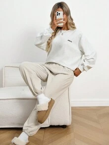 SHEIN LUNE Pantalones jogger casuales de mujer con cintura elástica, bolsillos y forro térmico, para otoño/invierno - Albaricoque - Ver 9