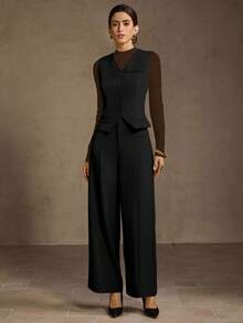 MOTF PREMIUM ENSEMBLE VESTE BLAZER COL V UNIE ET PANTALON LARGE À PLIS DEVANT