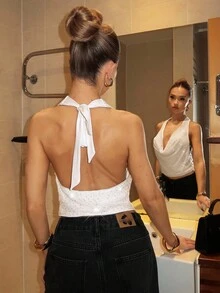 Glamine Charm 浪漫咖啡色垂坠领口亮片系带短款吊带露背细肩带性感派对上衣，夏日海滩度假 - 白色 - 查看 2