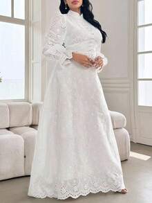 Modelyn Plus Size Women French Style Mandarin Collar Embroidered Puff Sleeve Dress Fall - White - View 7