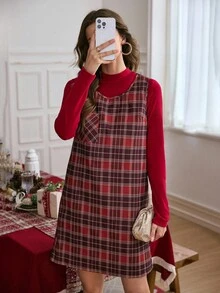SHEIN LUNE 2 件圣诞红色连衣裙套装，华丽格子衬里连衣裙，女士礼服套装 - 彩色 - 查看 6