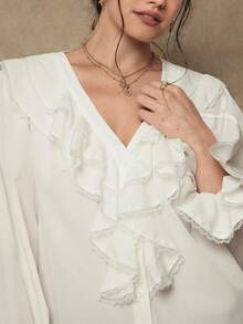 Freevana Plus Size Elegant Solid Color Ruffle Hem Long Sleeve Blouse, Suitable For Commuting, Autumn - White - View 2