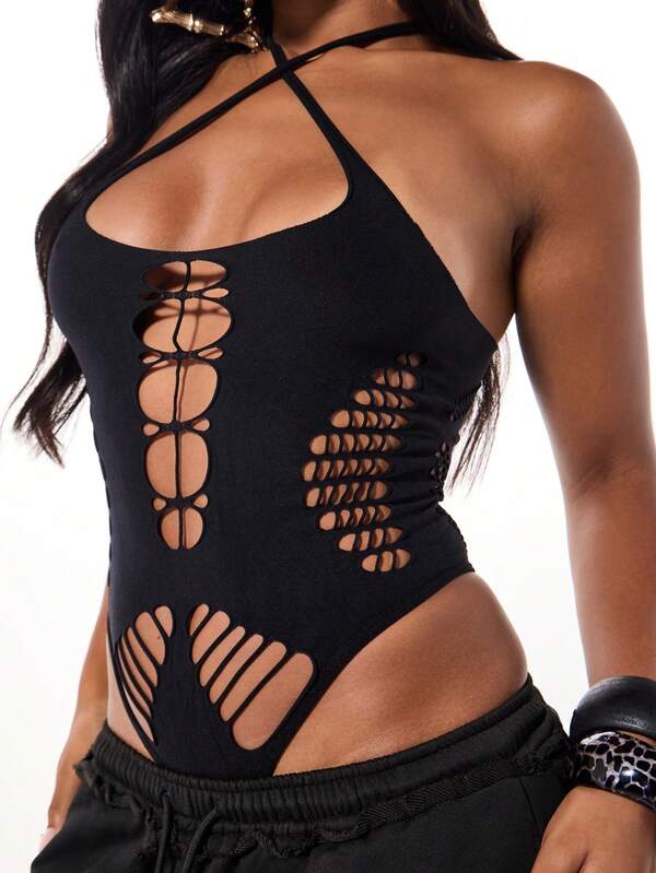 SUMWON WOMEN Mesh Panel Cross Back Sleeveless Bodysuit With Cutout Detail Festival Club Party Summer Beach Wear Stretch Form Fitting Strappy Halter Neck Design