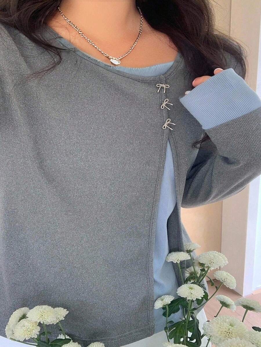 Dazy Plus 大码女款撞色蝴蝶结装饰二合一时尚长袖T恤