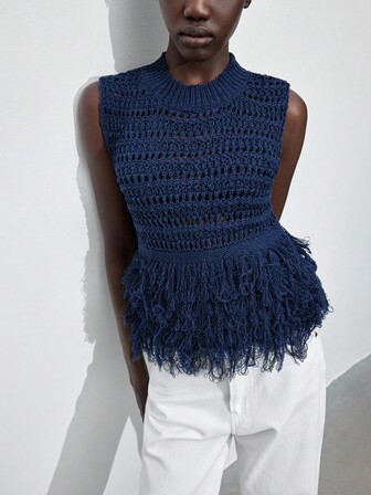 Maija Rund halsringning, ärmlös, tofsfåll, urholkad stickad topp för kvinnor, bohemisk stil för strand, ö-resort, musikfestival, lantlig stil, festkläder