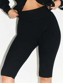 KIZN Ribbed Knit Winter Capri Leggings With Midi Length High Rise - Black - View 6