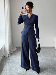 Modelyn Damen gewebter gestreifter blauer Patchwork einfarbiger Langarm anliegender Top und gerade geschnittene Hose Anzug, Herbst/Winter