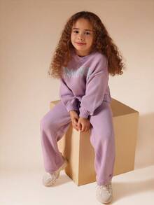SUMWON 女孩冬季舒适针织运动衫裤子套装柔软罗纹毛衣阔腿运动服套装两件套 - 淡紫色 - 查看 7