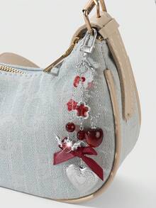 ROMWE Kawaii 1pc Y2K Fashionable Delicate Silver Hollow Resin Star Wing Heart Ribbon Bow Crystal Strawberry DIY Heart Keychain Bag Charm, Suitable For Women/Girls Daily Wear, Holiday Gift - Burgundy-54 - View 2