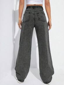 SHEIN EZwear 冬季加大码女式不对称腰身个性化时尚牛仔长裤 - 深灰色 - 查看 2