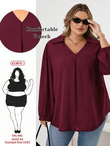 SHEIN CURVE+ 大码女式秋冬休闲宽松舒适 V 领黑色长袖衬衫、秋季女装、女式衬衫、曲线上衣、老款、黑色上衣、商务休闲女装、女式办公室装、W、教师衬衫、女式秋装、冬季、CURVE PLUS - 酒紅色 - 查看 1