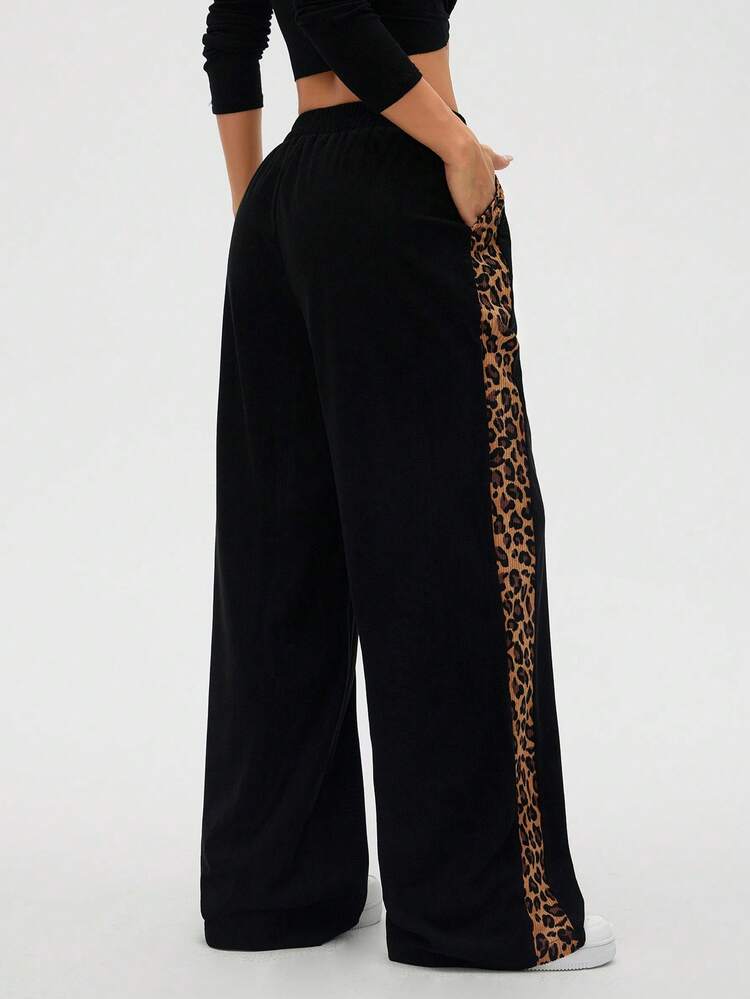 SHEIN LUNE Women's Leopard Print Patchwork Casual Wide Leg Pants, Autumn/Winter - Black - View 2