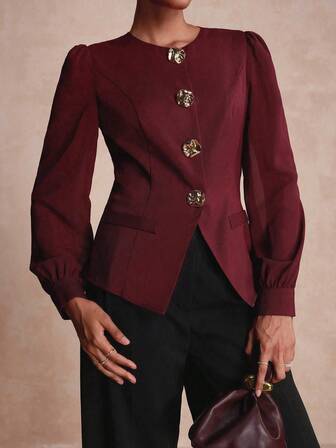 Vesra 女士优雅休闲/办公室不对称金属装饰纽扣长袖衬衫