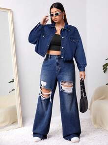 Firerie Plus Size Casual Cropped Denim Jacket, Autumn - Dark Wash - View 3