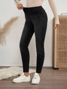 EMERY ROSE 女士牛仔裤，松紧腰带，口袋设计，修身弹力，保暖内衬，休闲百搭，加绒加厚，黑色，冬季女裤 - 黑色 - 查看 3