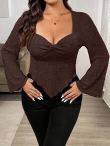 Vionelle 大码休闲纯色扭纹不对称下摆喇叭袖T恤，秋冬 - 咖啡棕 - 查看 4