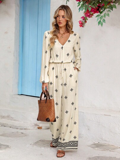 Vivid Eden Women's Graphic Print V-Neck Pocketed Casual Long Sleeve Jumpsuit