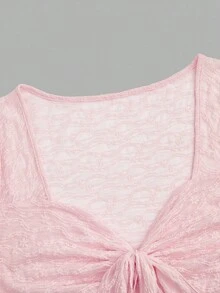 Sweetra Plus Size Elegant Lace Bow Front Long Flare Sleeve Blouse, Versatile Casual & Date Wear T-Shirt - Pink - View 4