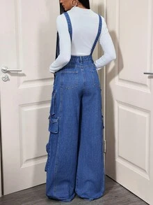 SHEIN Tall 纯色宽肩带口袋休闲宽松牛仔连体裤 - 深色水洗藍 - 查看 2