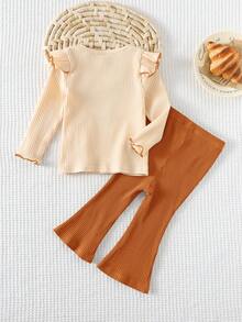 Cozy Pixies Bộ đồ 2 món cho bé gái gồm áo dài tay cổ tròn viền bèo nhún họa tiết trái tim và quần ống loe cạp chun, quần áo mùa thu cho bé gái, bộ đồ mùa đông hai mảnh cho bé gái. - Nhiều màu - Xem 2
