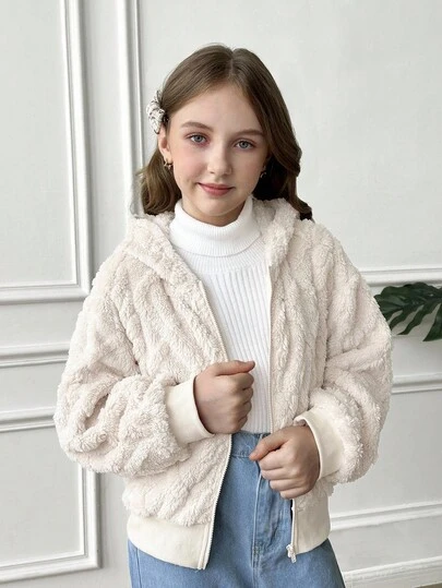 SHEIN Tween 女童休闲时尚百搭泰迪羊毛纹理提花羊毛连帽拉链短夹克，适合周末和休闲外出，秋冬季