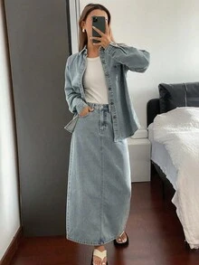 DAZY 女士牛仔衬衫领衬衫和长款直筒牛仔裙优雅都市休闲牛仔套装 - 淺色水洗藍 - 查看 6