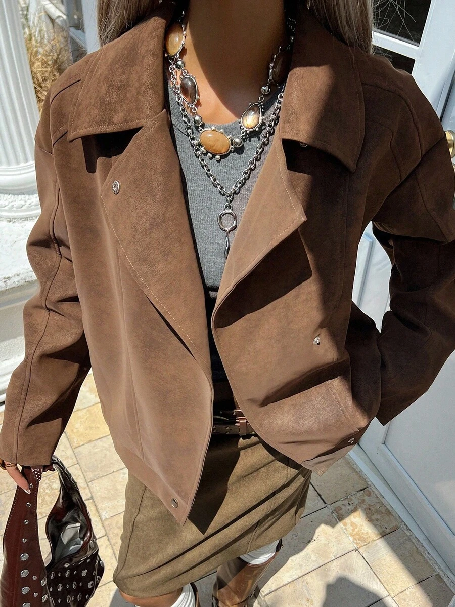 DAZY 女式绒面革超大领口宽松短款休闲街头风格夹克 - 棕色 - 查看 1