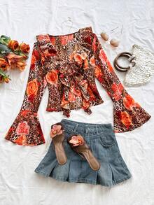 Soleia Women's Chiffon Leopard Print Shirt,All Shades Of Brown,Autumn,Boho,Tea Party,Holiday Ruffle Tie Top For Wedding,Beach,Music Festival,Vacation - Brown - View 5