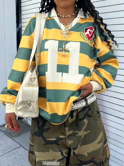 Rovax Women's Casual Contrast Striped Criss-Cross Tie Polo Neck Top Fall Cloth For Women