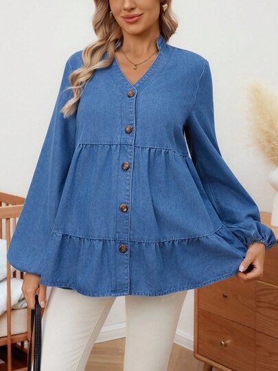 SHEIN Blouse en jean à manches longues, col cranté et ourlet à volants, couleur unie, pour femmes enceintes