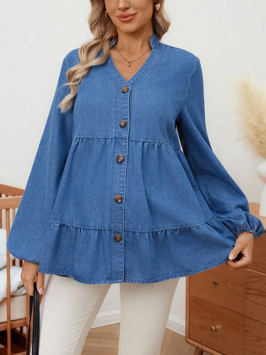 SHEIN Maternity Solid Color Notched Neck Ruffle Hem Long Sleeve Denim Blouse - Blue - View 1