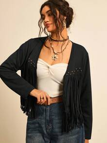Freevana Plus Size Solid Color Drop Shoulder Long Sleeve Fringe & Rivet Decor Jacket/Winter - Black - View 4