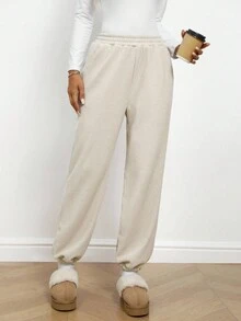 SHEIN LUNE Pantalones jogger casuales de mujer con cintura elástica, bolsillos y forro térmico, para otoño/invierno - Albaricoque - Ver 7