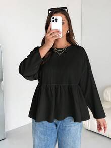 SHEIN Essnce Blusa de manga larga con volantes de tela texturizada cómoda y holgada para mujer de talla grande, para primavera y otoño, para volver a la escuela - Negro - Ver 4