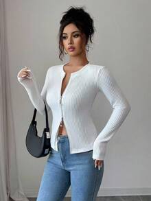 Modelyn Blouse femme à col rond, taille double-zip, style jacquard à la française - Blanc - Voir 4