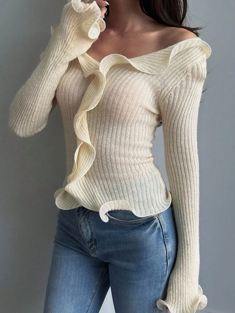 Women's Casual Sexy Fitted Frill Trim Knit Sweater, Autumn/Winter