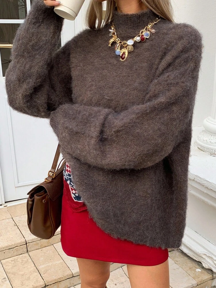 Women's Loose Casual High Neck Pullover Sweater, Brown, Business/Commute Style, Autumn/Winter