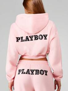 Missguided x Playboy 蕾丝贴花超大短款全拉链连帽运动衫阔腿家居服冬季秋季休闲经典时尚宣言 - 粉色 - 查看 4