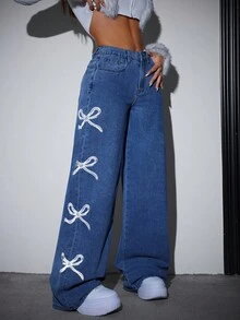 SHEIN PETITE Women's Casual Loose Fit Jeans With Bow Detail, Women Bow Jeans Pants,Denim Pants,Winter Women Clothes,Homecoming Jeans,Going Out Bottoms - Dark Wash - View 5