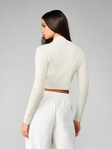 MISSGUIDED Ribbed Mock Neck Long Sleeve Crop Fitted Winter Knit Sweatshirt With Text Branding For Fall Essential Fashion Wardrobe