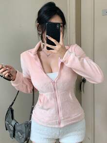 DAZY Women's Fitted Casual Fleece Jacket, Fashion Sporty Sweatshirt Outerwear, Autumn/Winter Women Coats - Pink - View 4