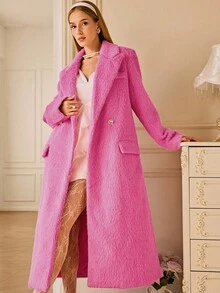 Aveloria Rosie Elegant Lady's Straight Shoulder Square Rhinestone Button Lapel Long Sleeve Long Wool Blend Coat - Pink - View 5