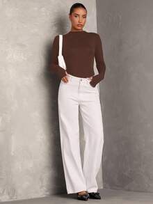 SHEIN BAE Bộ đồ liền thân dệt kim tay dài màu đen trơn thoải mái, kiểu dáng ôm sát tối giản, đa năng cho trang phục thường ngày - Cà phê nâu - Xem 4