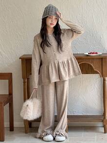 DAZY 2 件套 Tween Girls 荷叶边下摆开衫和裤子套装，秋季服装 - 卡其色 - 查看 3