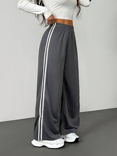 SHEIN PETITE Casual Black Side Striped Trousers Simple Fashion Daily Casual