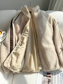 SHEIN Chaqueta casual beige esponjosa con decoración de lazo para niñas, versátil para ir y venir - Beis - Ver 8