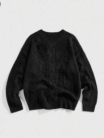 Street Life Men's Casual Solid Color Long Sleeve Retro Cable Knit Sweater, Grunge Style, Fall/Winter