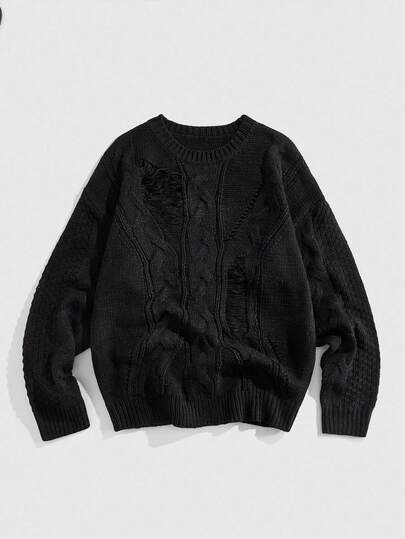 Street Life Men's Casual Solid Color Long Sleeve Retro Cable Knit Sweater, Grunge Style, Fall/Winter